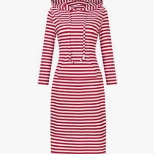 MISSKY Red and White Women's Casual Pocket Slim Pullover Maxi Hoodie Dress 2XL